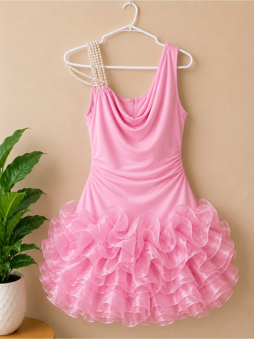 Red One-Shoulder Ruffle Hem Party Dress - Picture 4 of 6